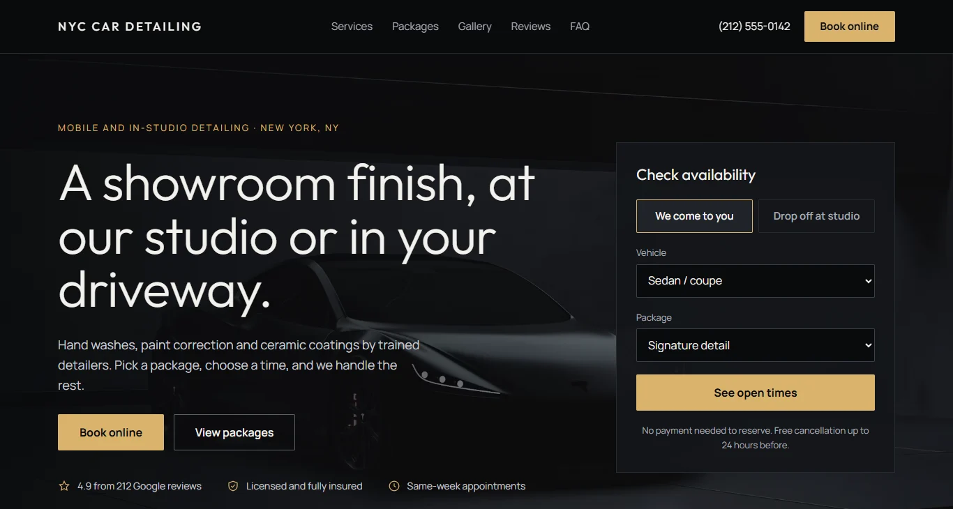 Website for a car detailing business: headline, two buttons, and a form to check availability