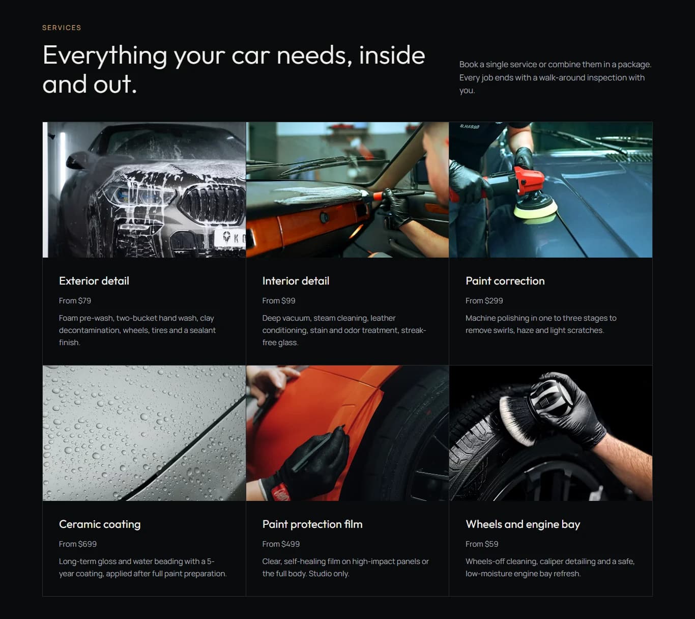 NYC Car Detailing website: six service cards, each with a photo, a starting price, and a short description