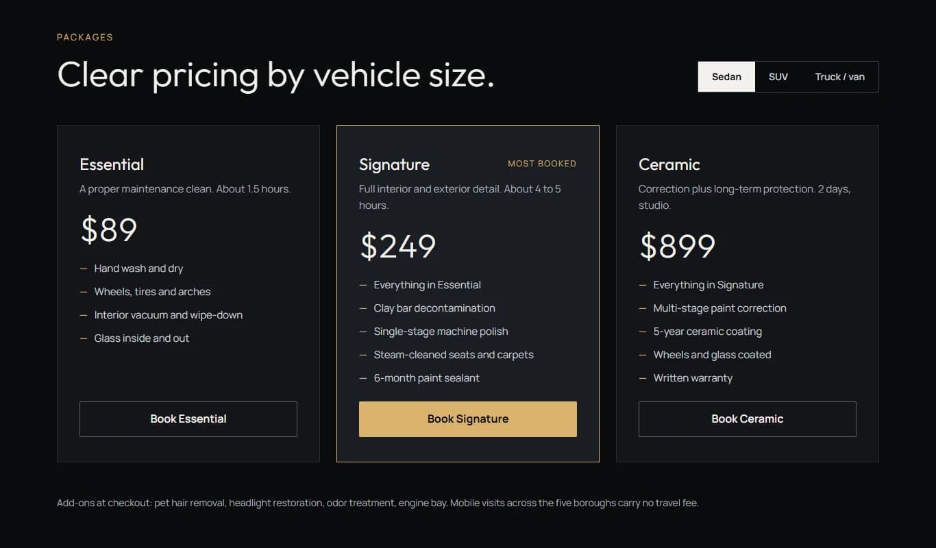 NYC Car Detailing website: three packages with prices and what each includes, and a switch for sedan, SUV, or truck