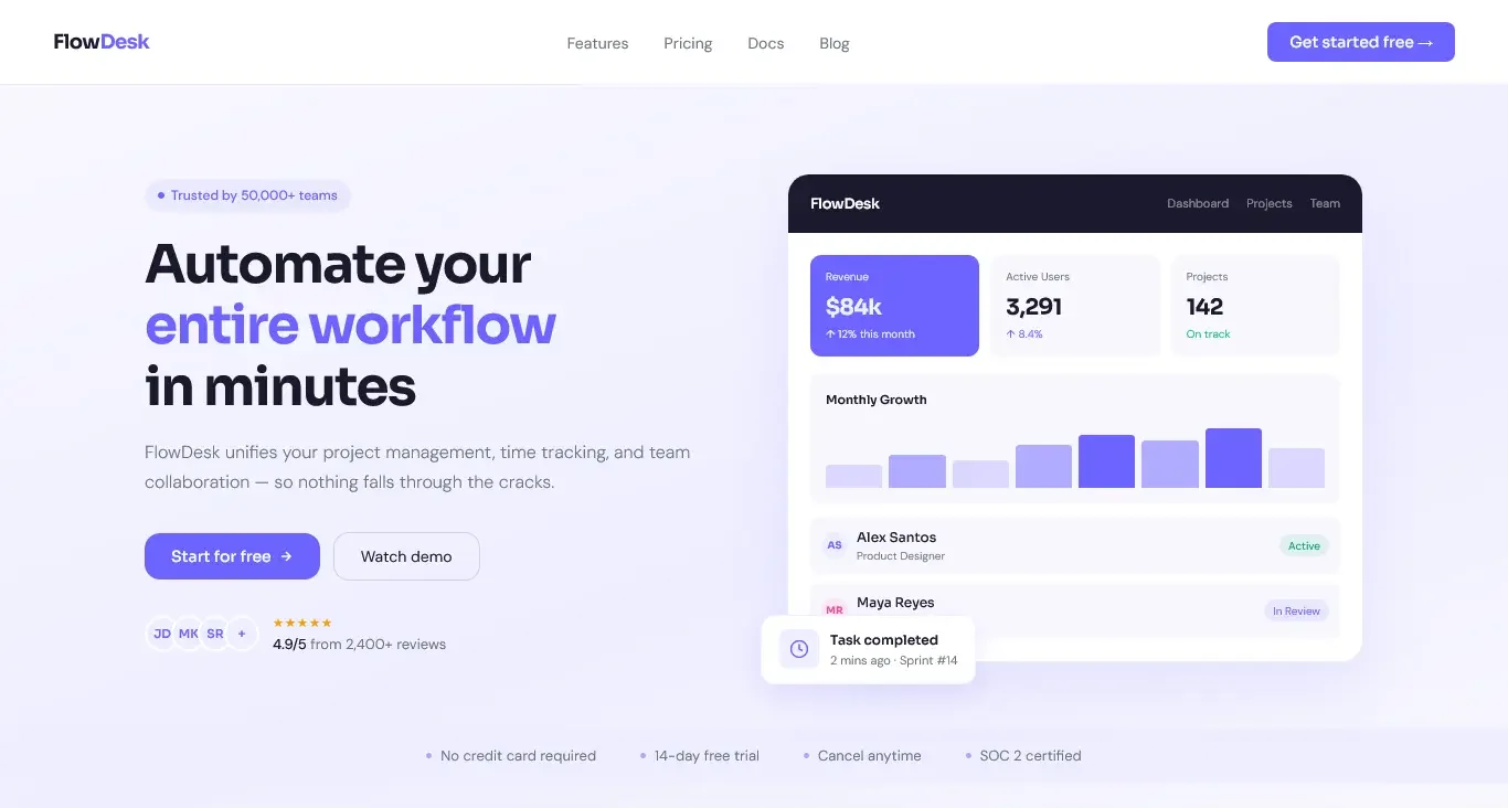 Landing page for a workflow tool: product explanation and trial button