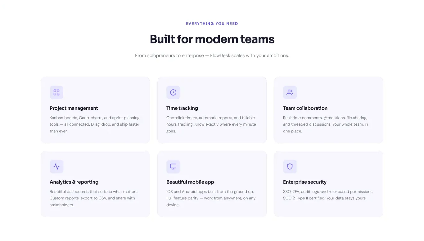 FlowDesk website: six feature cards in two rows