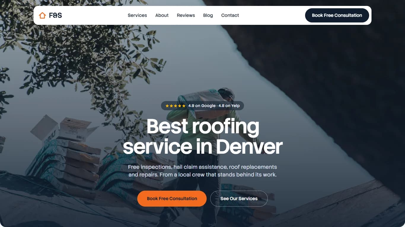 Website for a roofing company: headline, two buttons, and a photo of a roof under repair