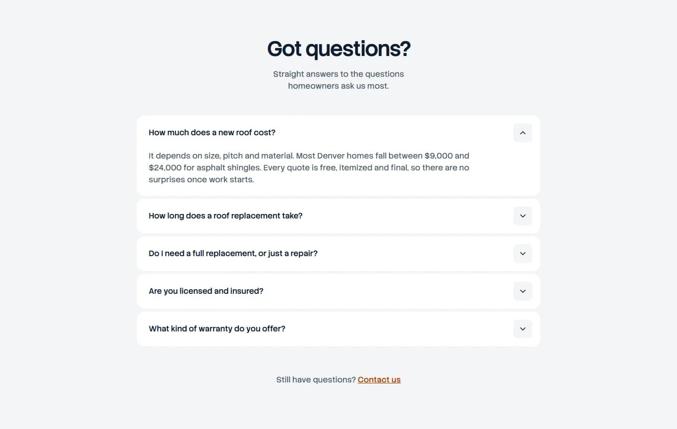 F&S Roofing website: five questions in an accordion, the first one open on the cost of a new roof