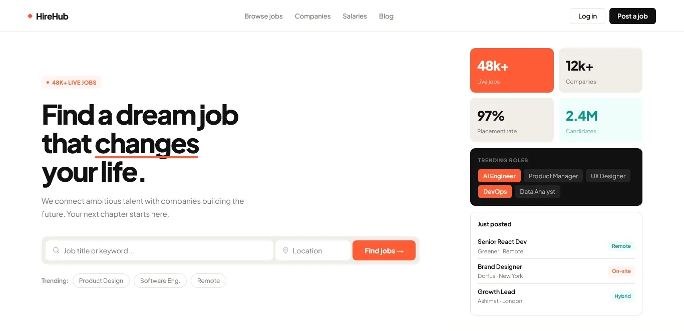 Homepage for a job board: search bar, category grid, and featured jobs