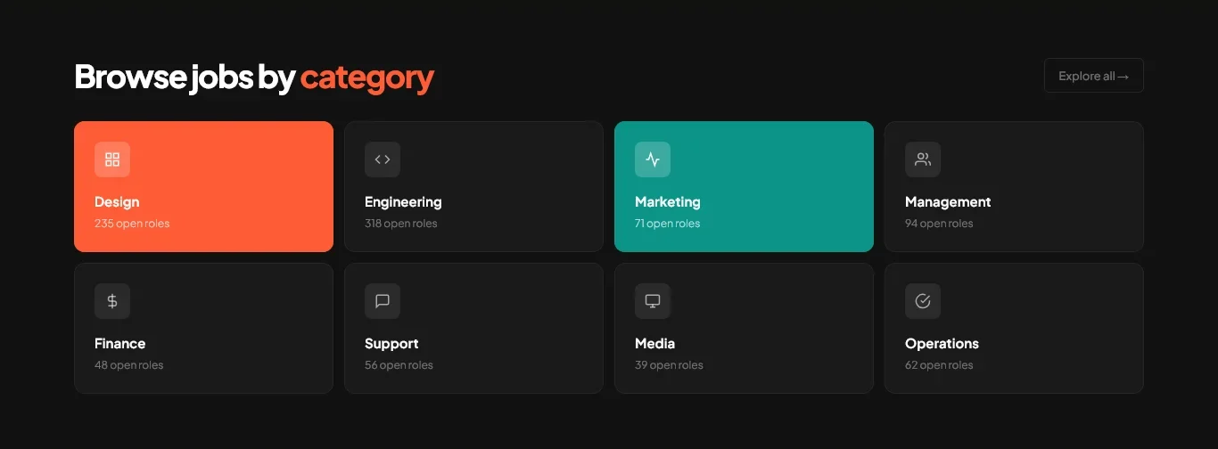 HireHub website: a dark grid of eight job categories
