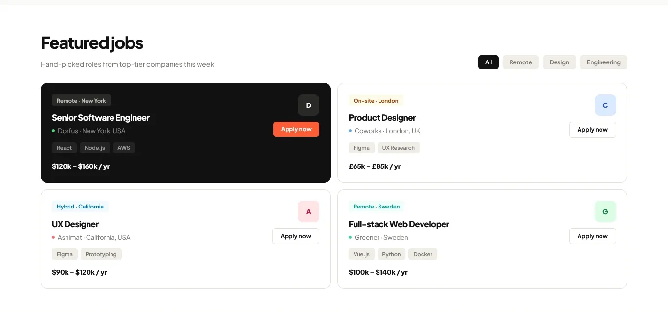 HireHub website: four featured job cards, each with role, company, location, pay, and an apply button
