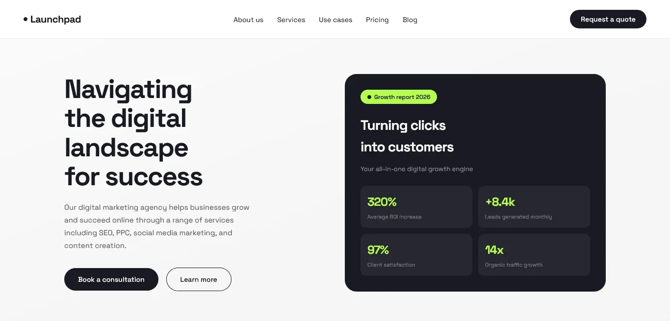 Website for a marketing agency: services, process, and contact sections