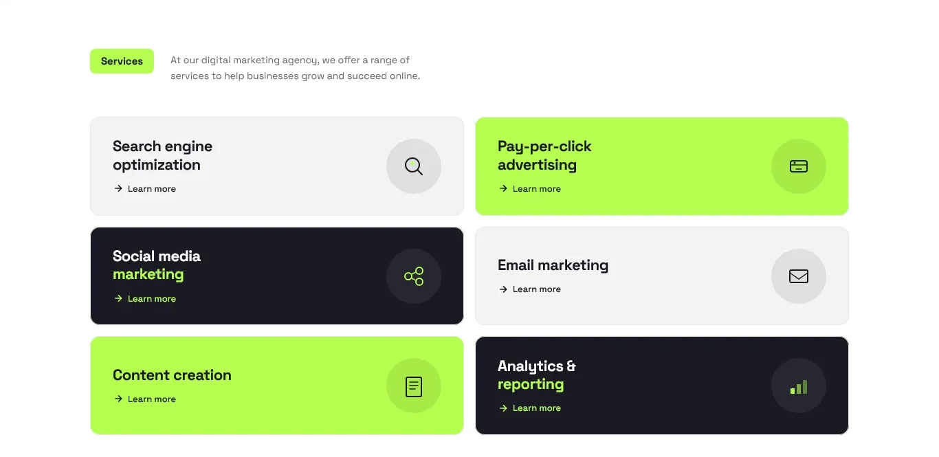 Launchpad website: six service cards in alternating colors