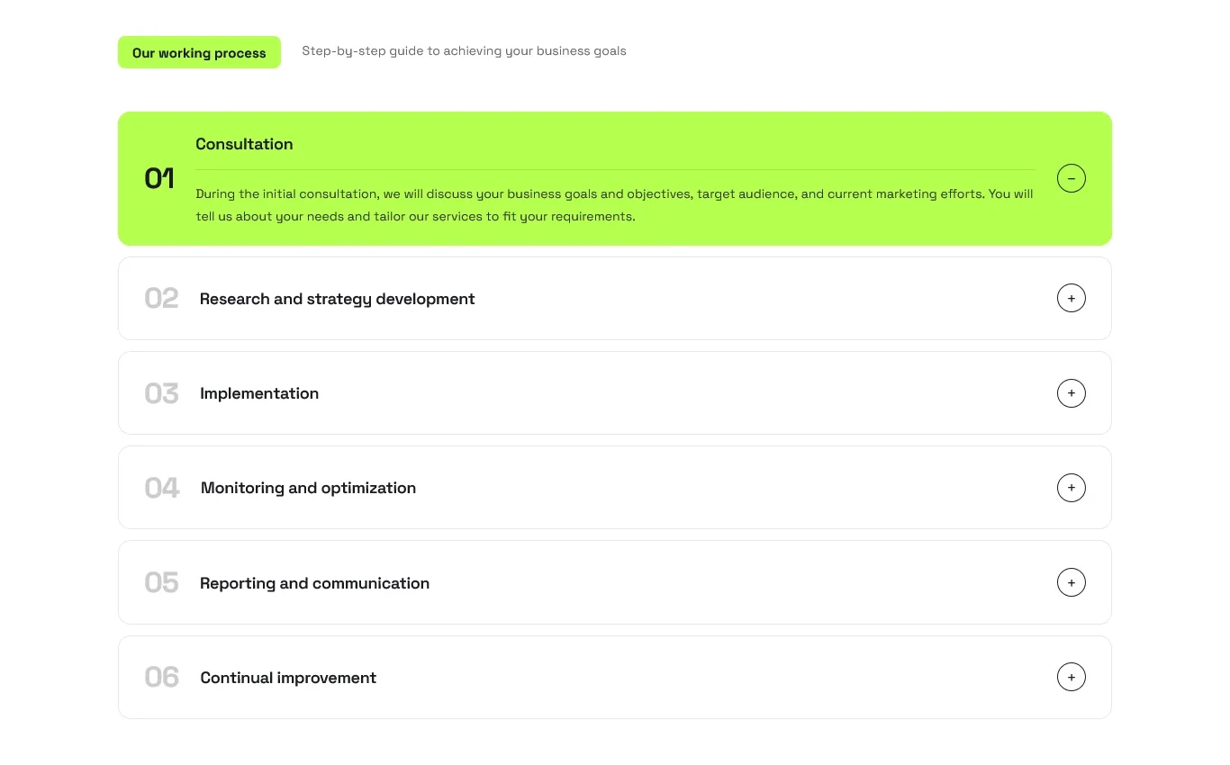 Launchpad website: six numbered process steps, the first one open