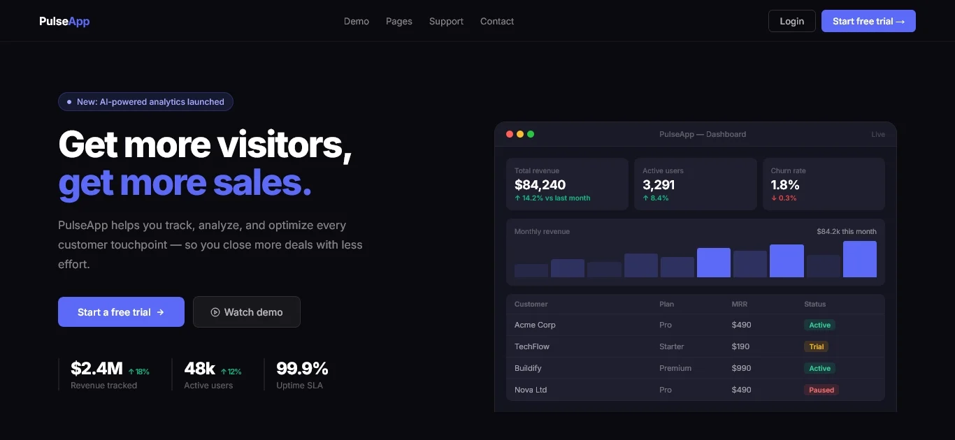 Landing page for an analytics product: dashboard preview and pricing tiers