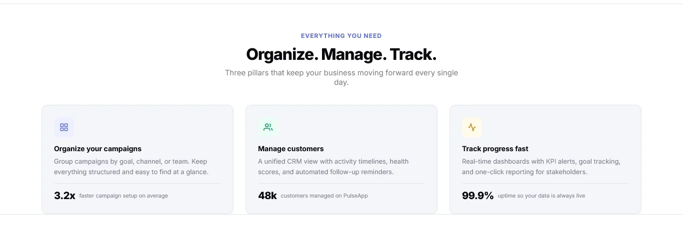 PulseApp website: three feature cards under the heading Organize, Manage, Track