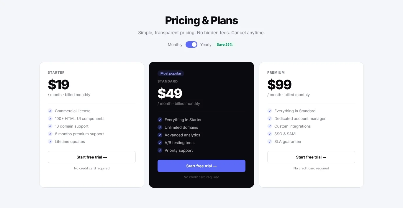 PulseApp website: three pricing tiers with the middle one highlighted