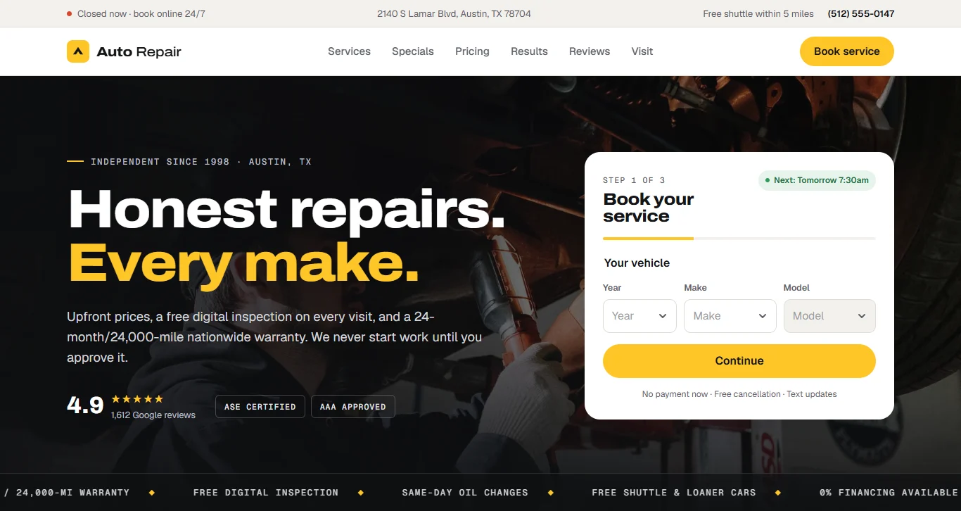 Website for a car repair shop: headline, ratings, and a booking form for year, make, and model