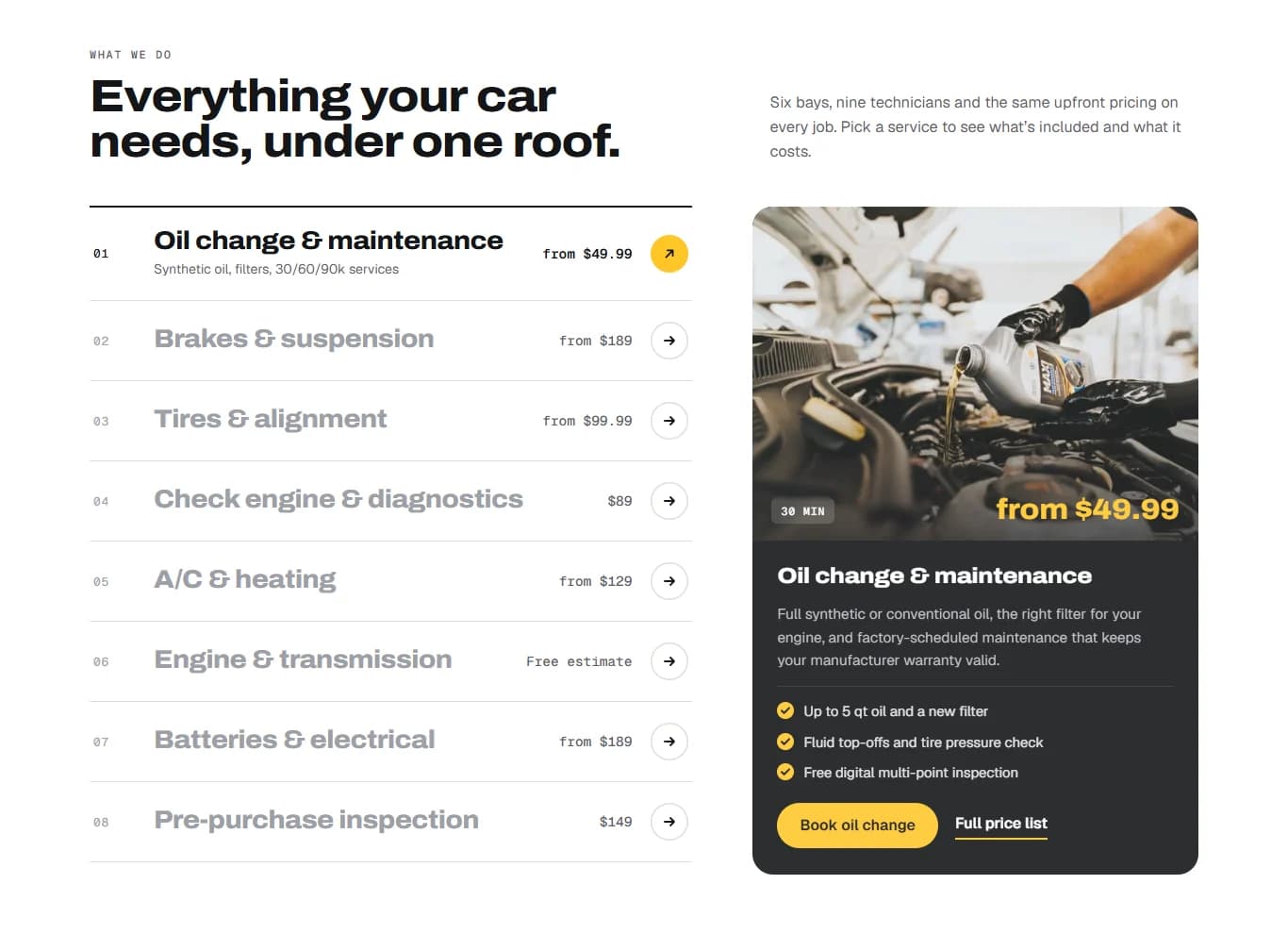Auto Repair website: eight services listed with starting prices, and a panel showing what an oil change includes